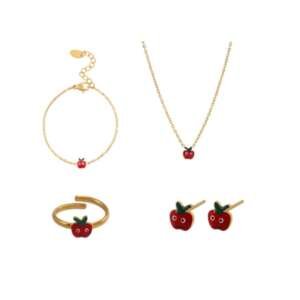 Stainless Steel Enamel Cute Fruit Child Ring, Earring, Bangle, and Necklace Set