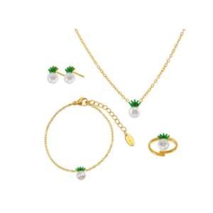 Stainless Steel Imitation Pearl Minimalist Crown Ring, Earring, Bangle, and Necklace Set