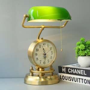Green Glass Banker with Built-In Clock Study Lamp (Each)